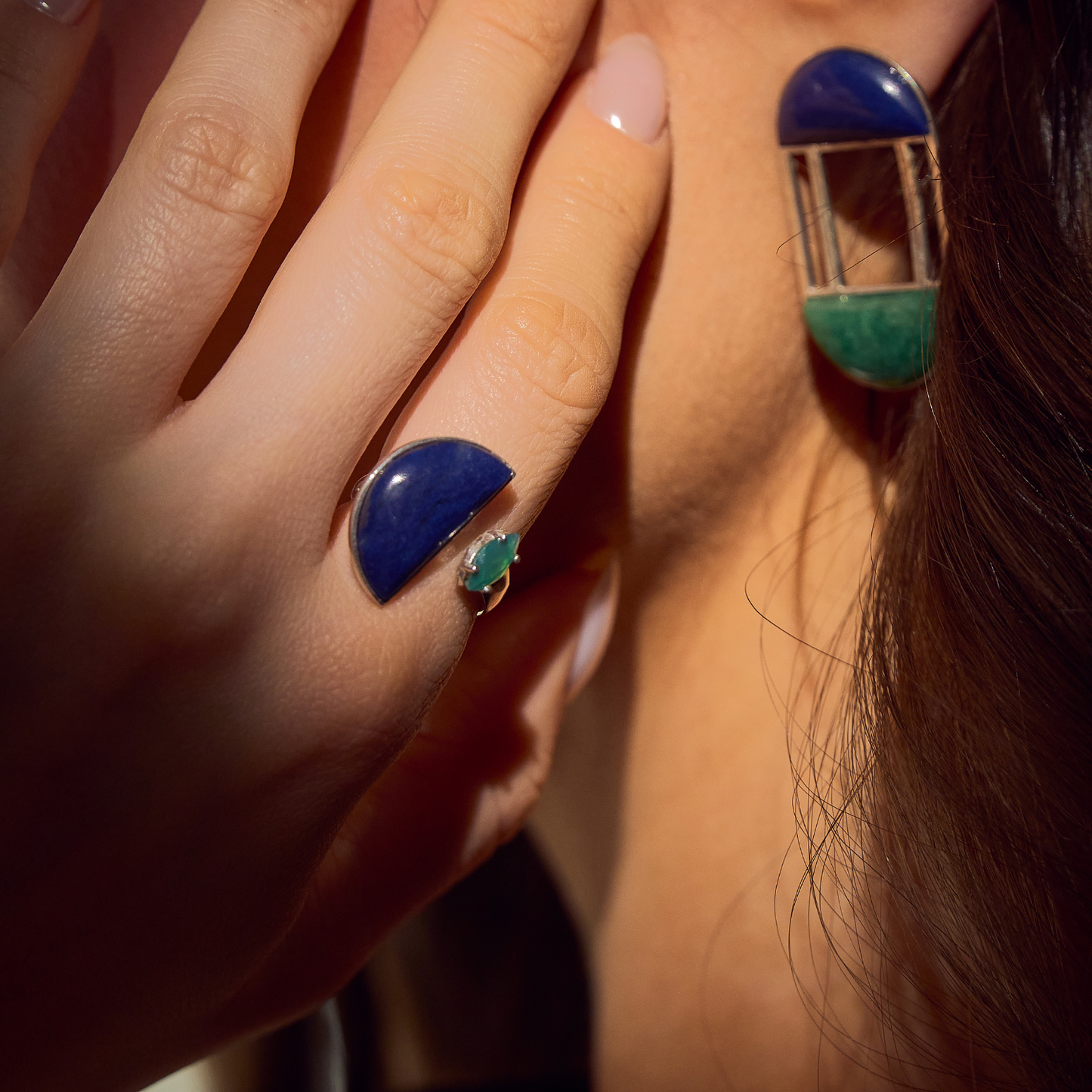 Anel Origem Prata 925 Quartzo Azul e Crisopásio