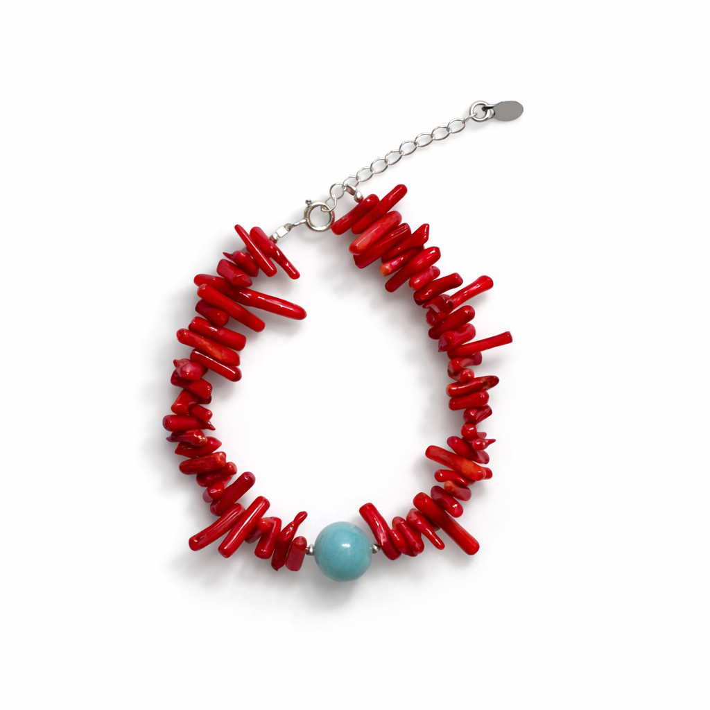 Pulseira Coral + turquesa prata 925