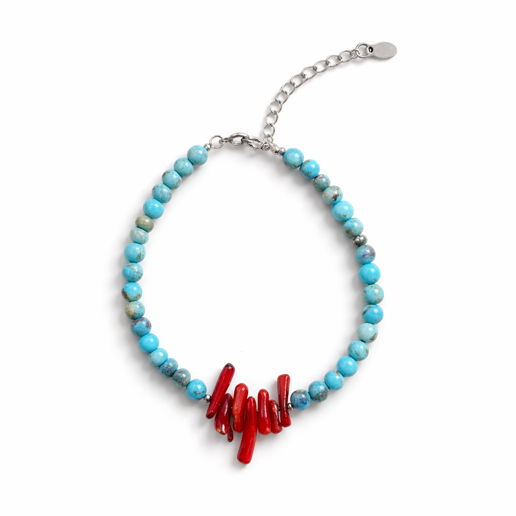 Pulseira Hawlita turquesa e coral Prata 925