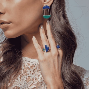 Brinco Origem Prata 925 Quartzo Azul e Quartzo Verde