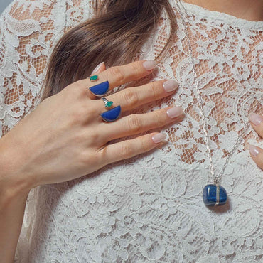 Anel Origem Prata 925 Quartzo Azul e Crisopásio