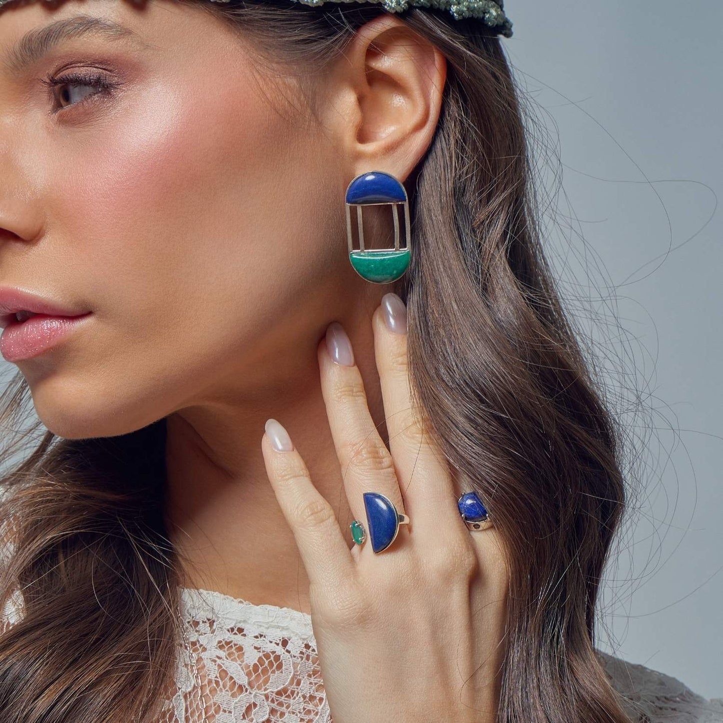 Anel Origem Prata 925 Quartzo Azul e Crisopásio