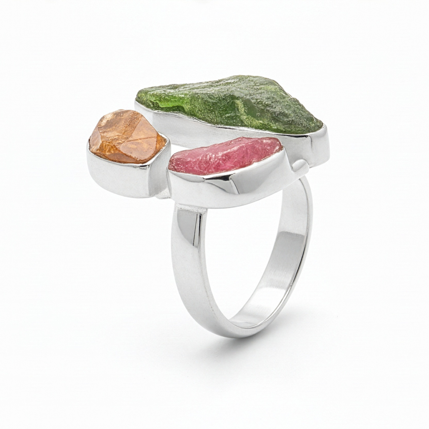 Anel pedras brutas trio ajustavel prata 925