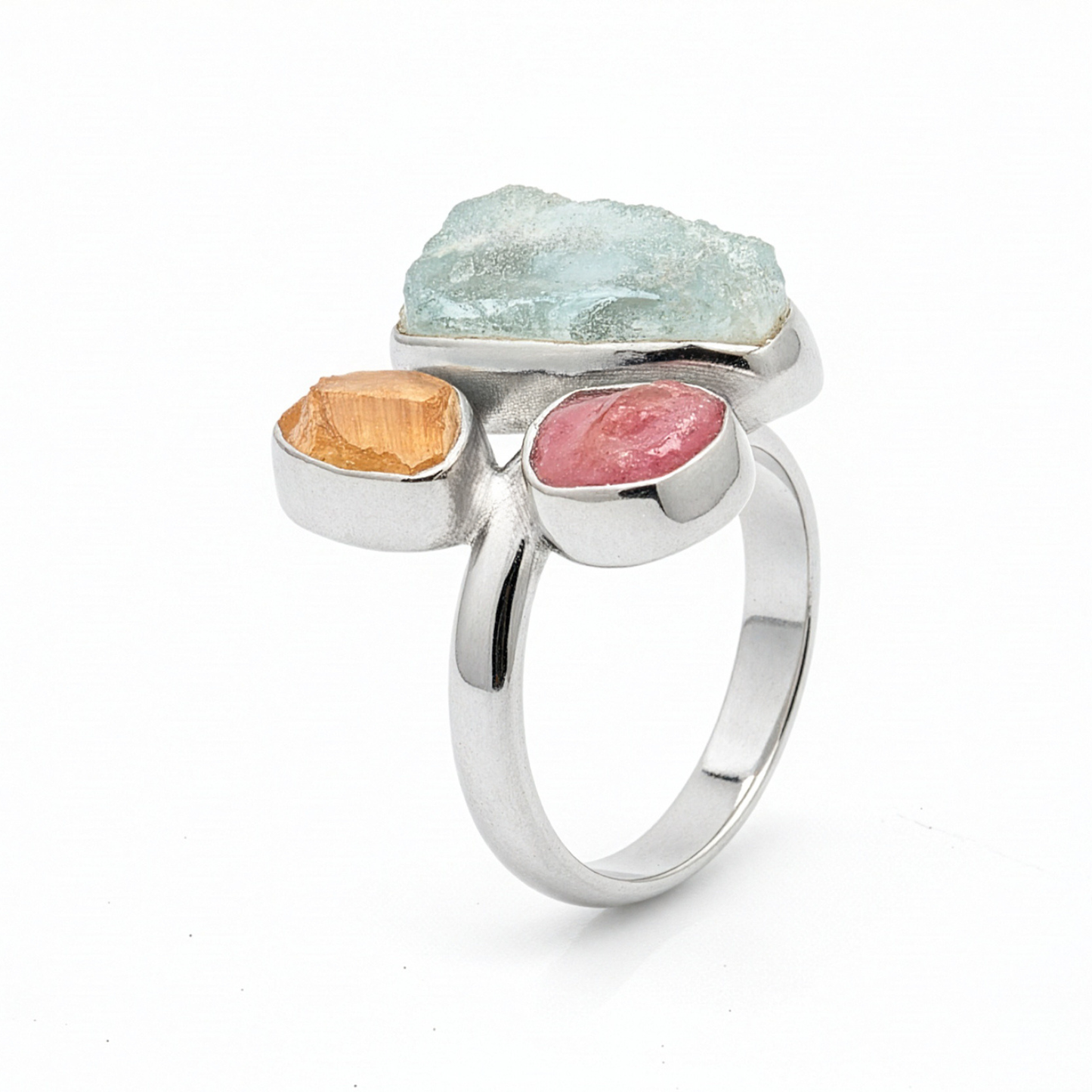 Anel pedras brutas trio ajustavel prata 925